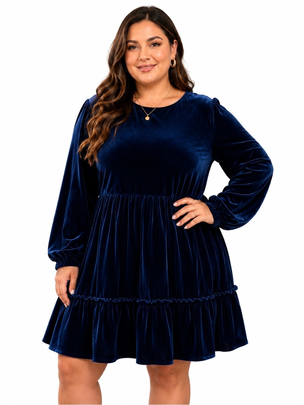 Ro & De Navy Velvet Long Sleeve Tiered Dress